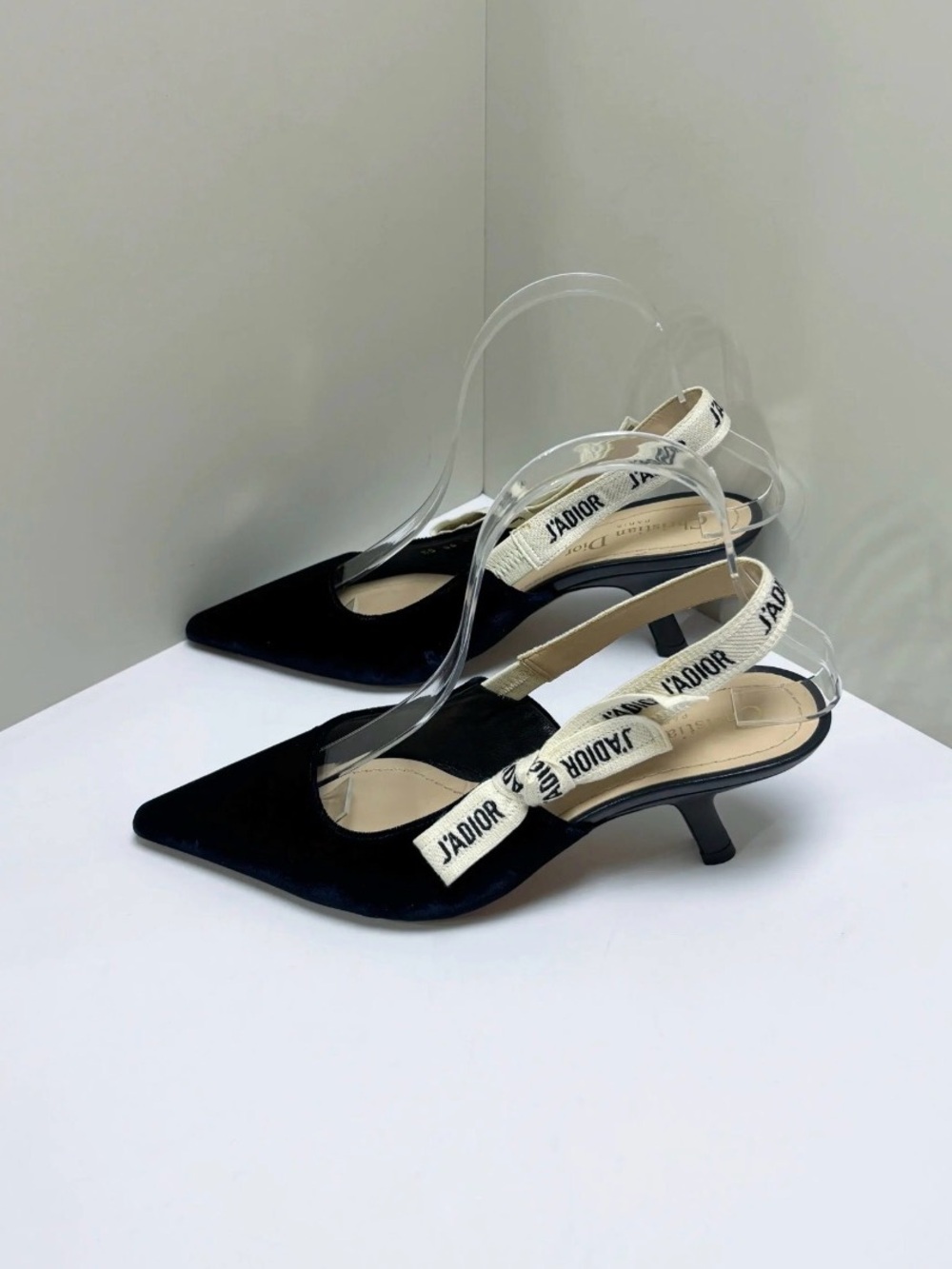 Dior Black Pointed-Toe Slingback Pumps with Cream J'Adior Ribbon